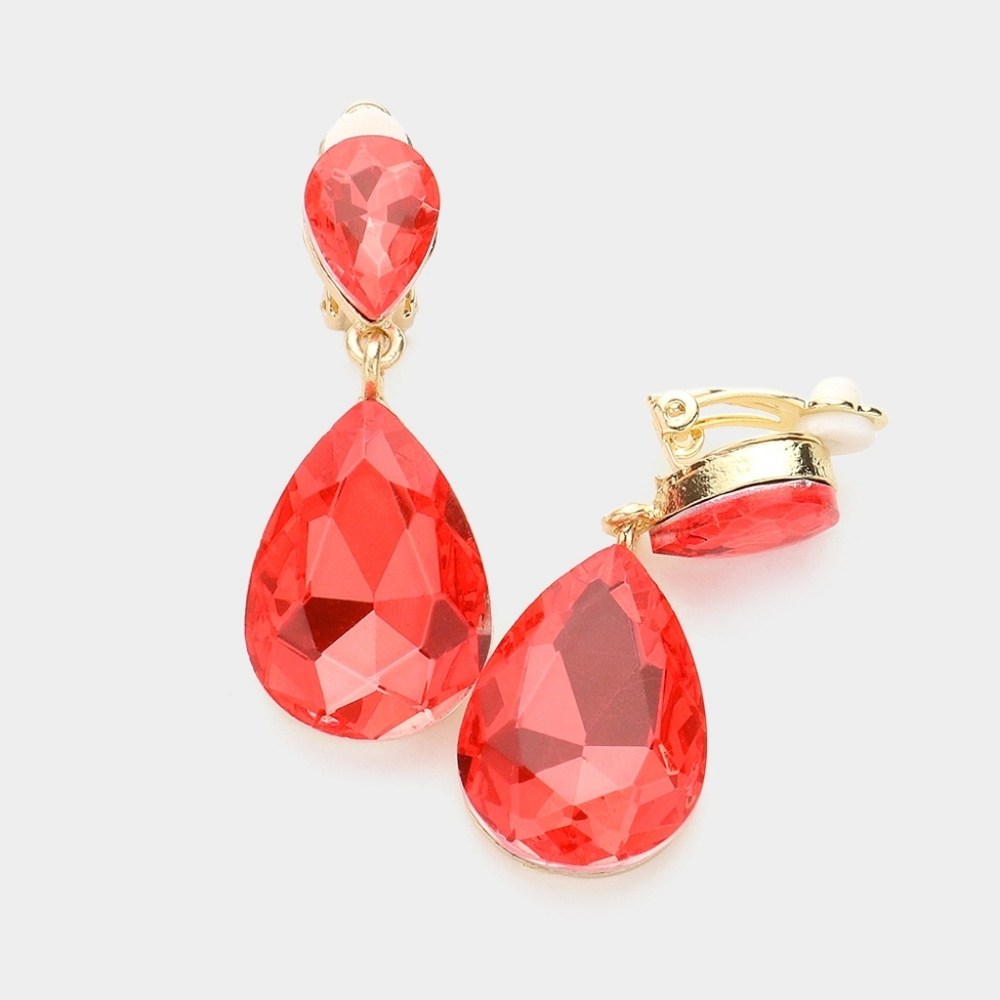 Orange Dangle Crystal Clip On Earrings 1.75 Inch Cute Teardrop Statement Jewelry